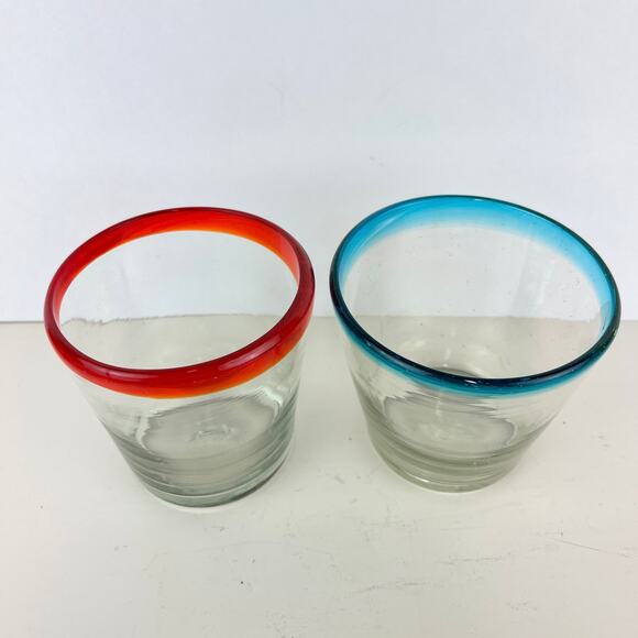 Hand Blown Mexican Bubble Rocks Glass with Colored Rims Set of 2 - Picture 2 of 5